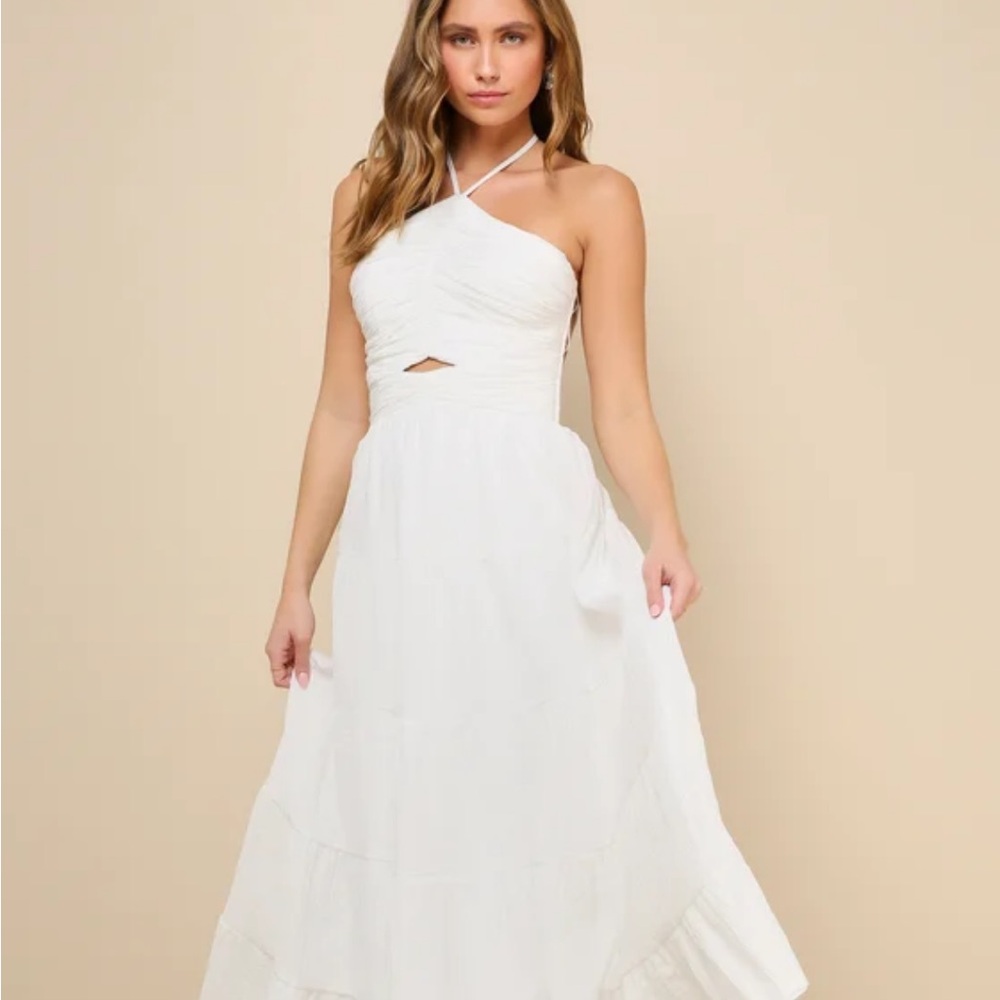 ON HOLD! Lulu’s Effortless Sweetness White Ruched Lace-Up Tiered Midi Dress